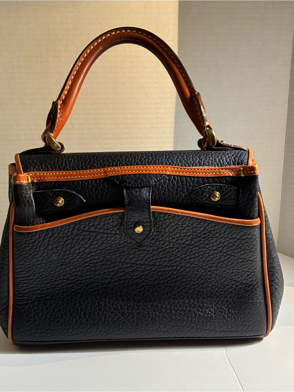 Vintage 80’s Dooney & Bourke Black Pebbled Leather Satchel with Brown Trim Navy - Picture 2 of 15